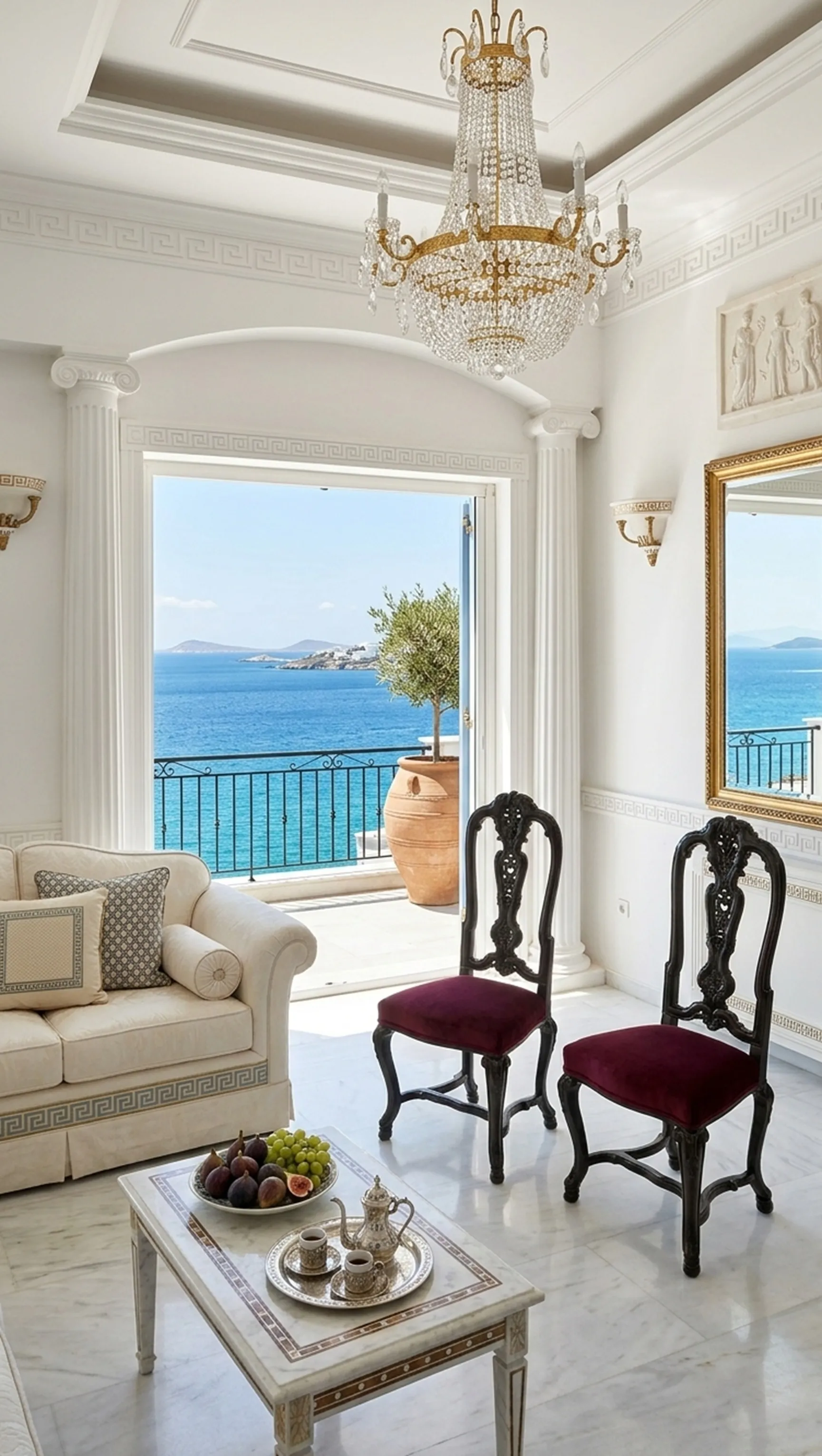 deux chaises antiques avec rembourrage bordeaux dans un salon côtier avec vue sur la mer