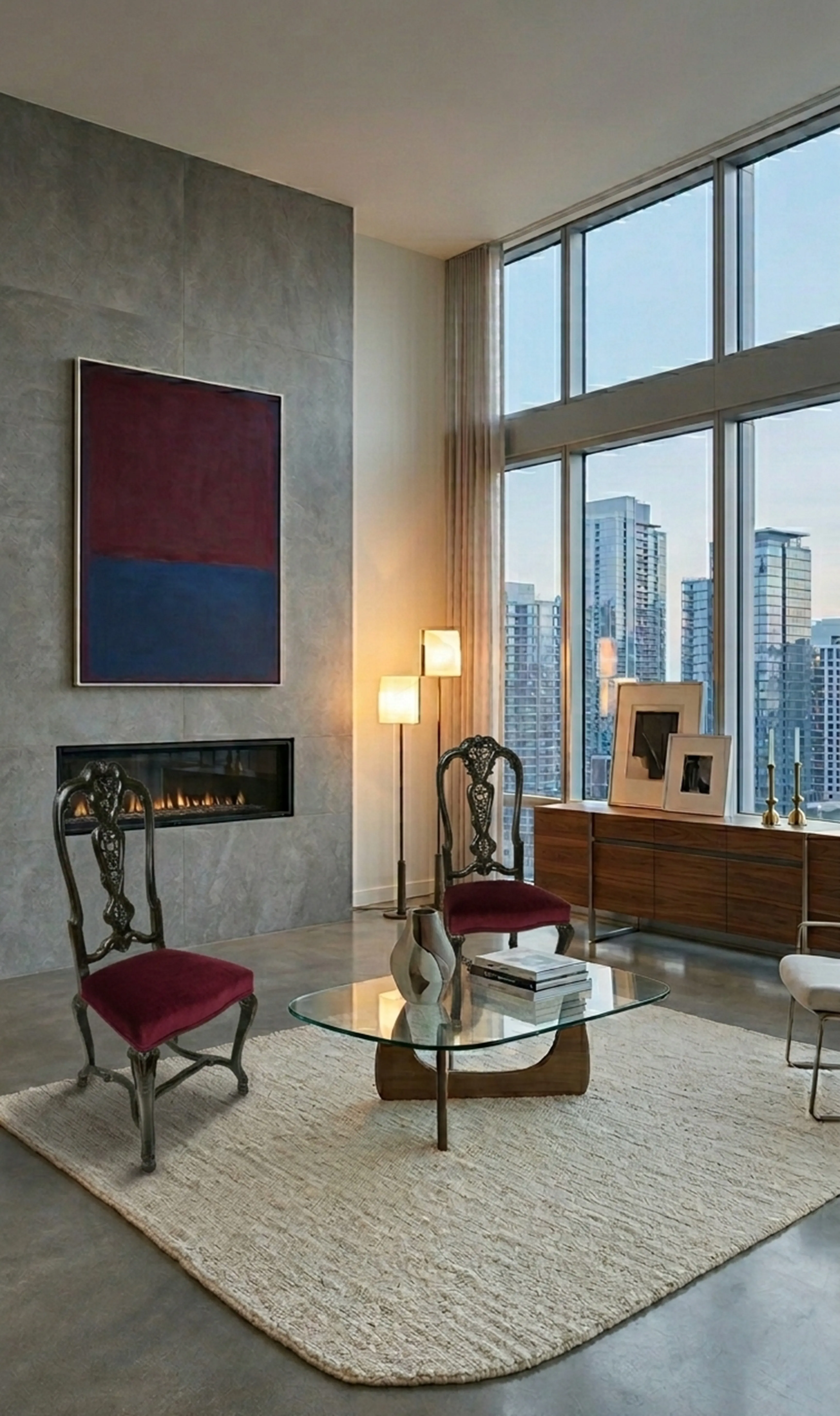 two antique chairs with red upholstery in a modern setting