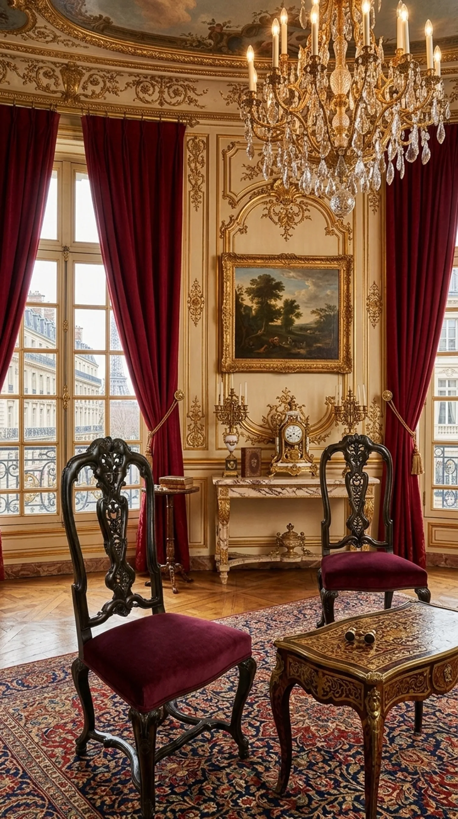 Deux chaises anciennes avec revêtement rouge dans un espace luxueux