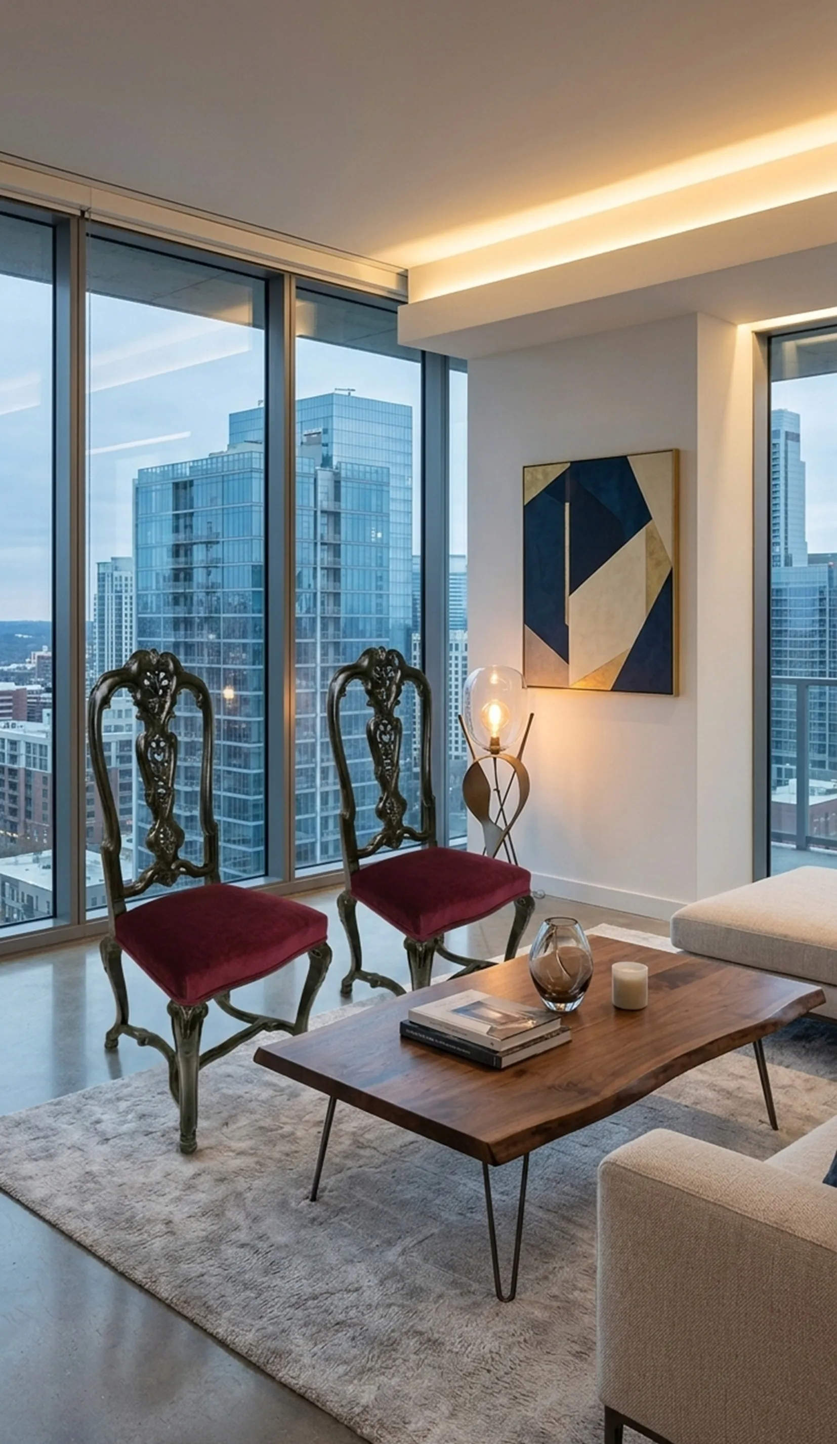 복원용 오래된 의자 두 개, 빨간색 장식, 현대적인 배경.