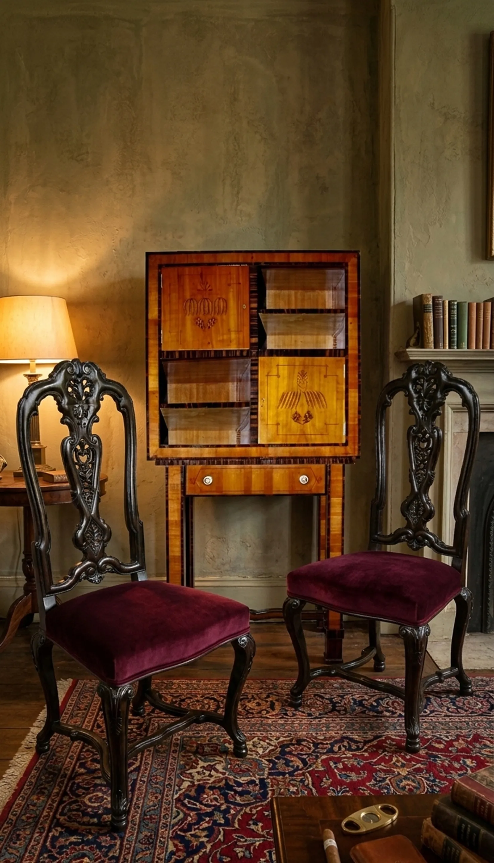 Two antique chairs with burgundy upholstery in a cozy room