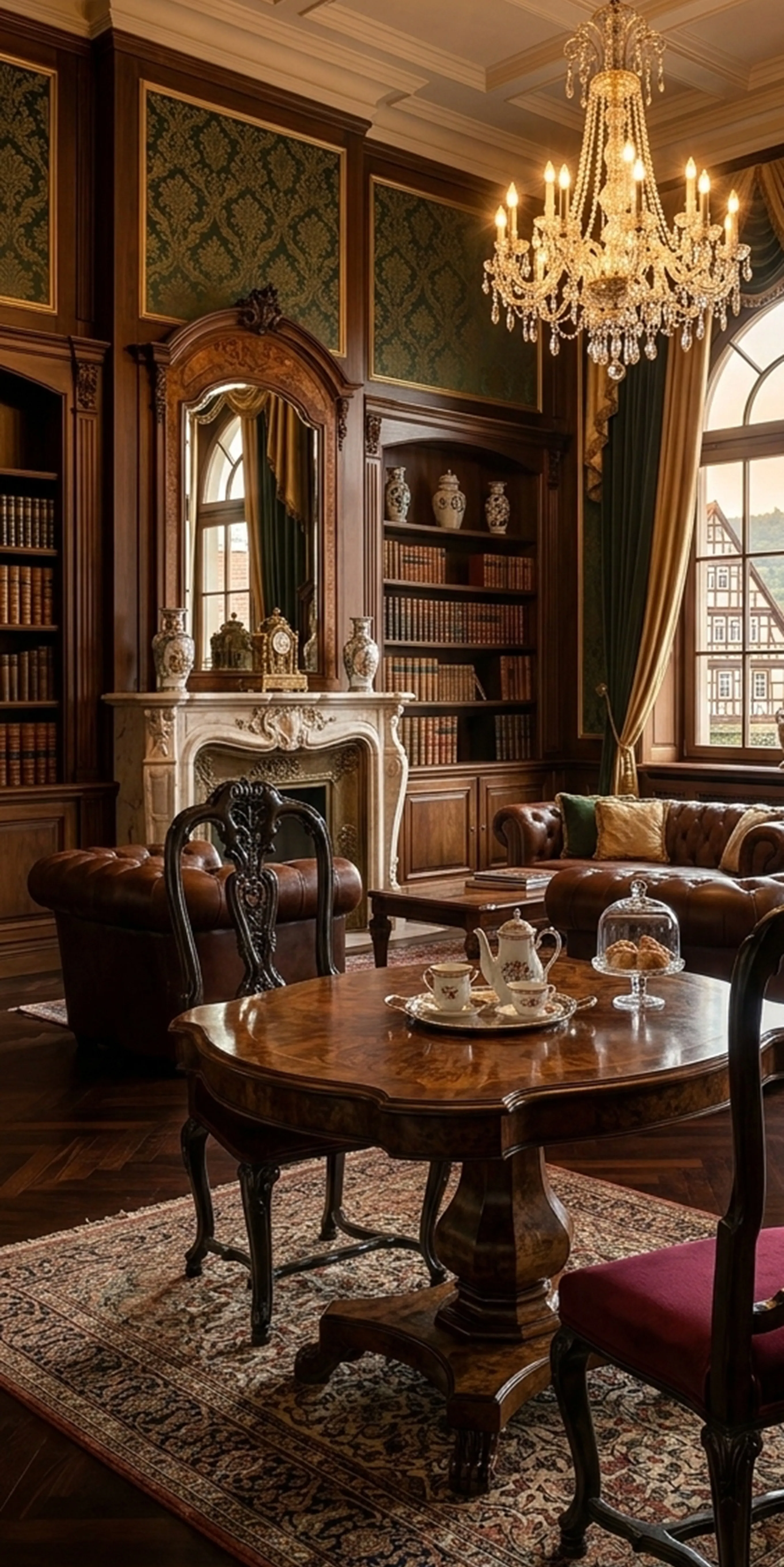 zwei antike Stühle zum Restaurieren in einem eleganten Wohnzimmer mit Bücherregalen