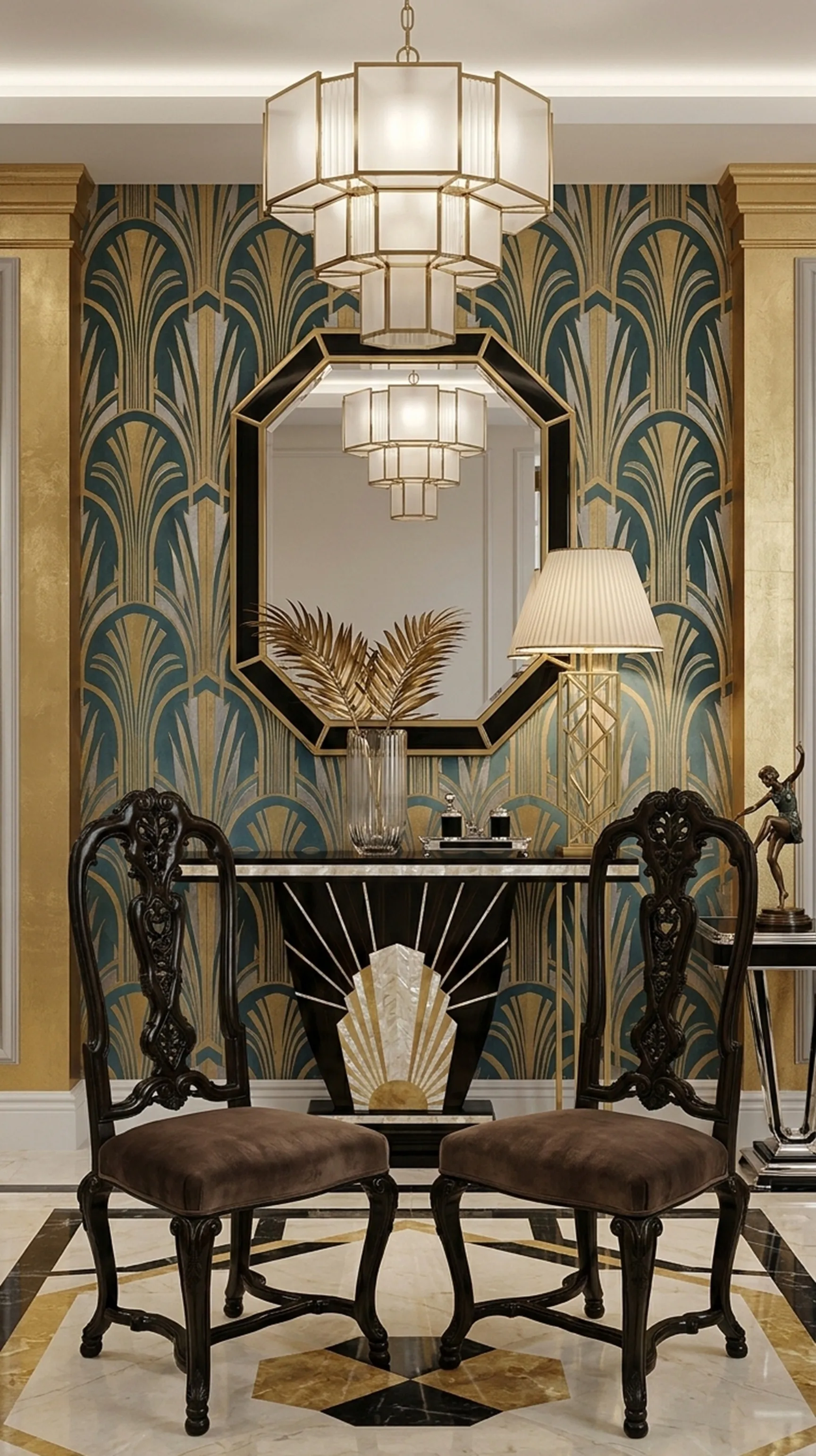 duas cadeiras antigas em um ambiente elegante, com detalhes ornamentais