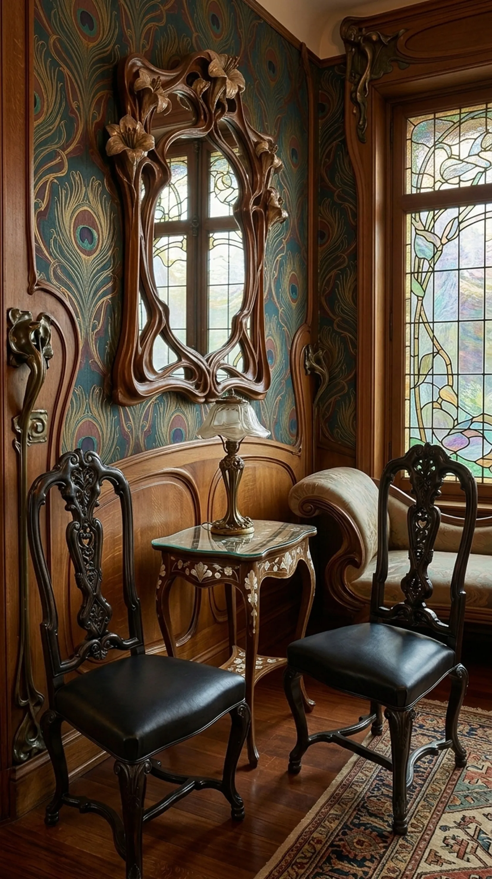 due sedie antiche nere con dettagli decorativi in una stanza classica