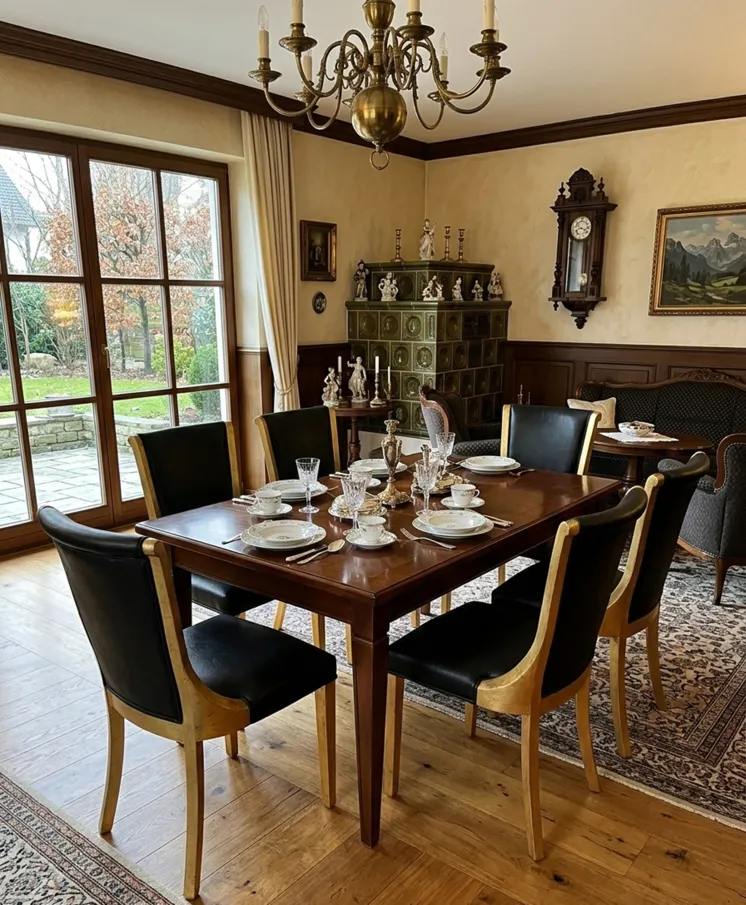 六把古董椅子在餐厅配有桌子和餐具。