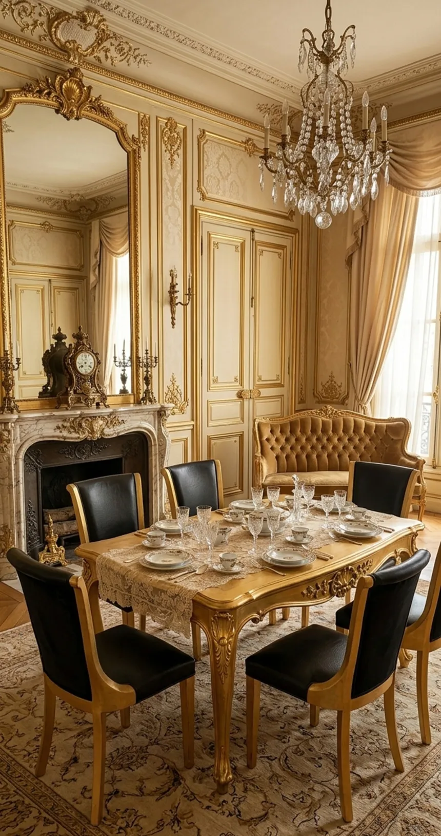 6 sedie antiche imbottite in un ambiente elegante con tavolo da pranzo