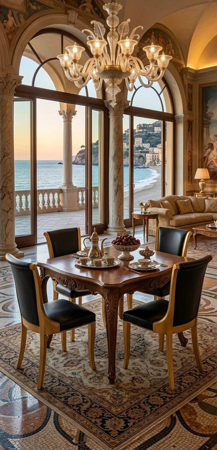 Set of 6 antique chairs in an elegant environment, surrounded by beautiful scenery