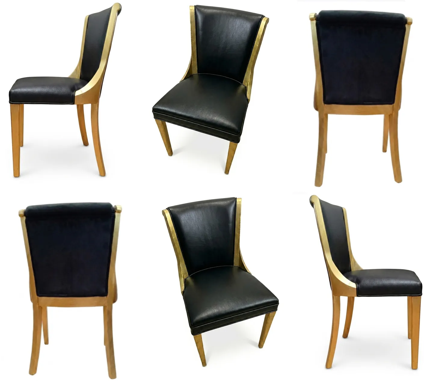 Vista de seis cadeiras antigas para restaurar, com detalhes elegantes em estilo art deco.