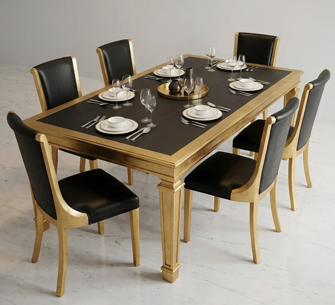 Conjunto de 6 cadeiras antigas em estilo art deco, apresentando um ambiente de jantar elegante com decoração.