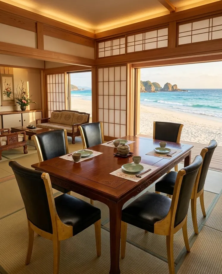 6 cadeiras antigas para restaurar em uma bela sala com vista para o mar