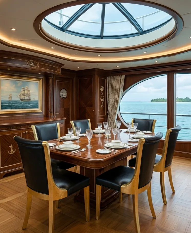 Sei sedie antiche con rivestimento nero e telai dorati in un elegante ambiente da pranzo.