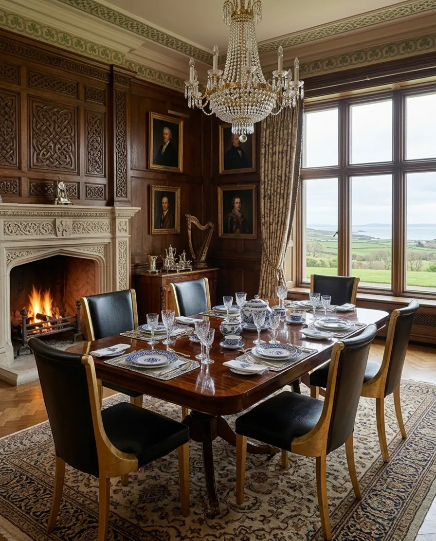 Six antique chairs to restore in a decorative dining room with art and an elegant table.