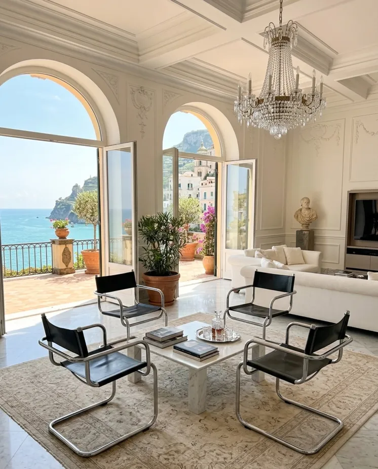 Ensemble de 4 chaises anciennes dans un salon avec vue sur la mer