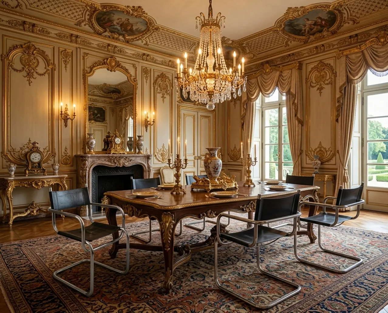 Quatro cadeiras antigas pretas em uma sala de jantar luxuosa