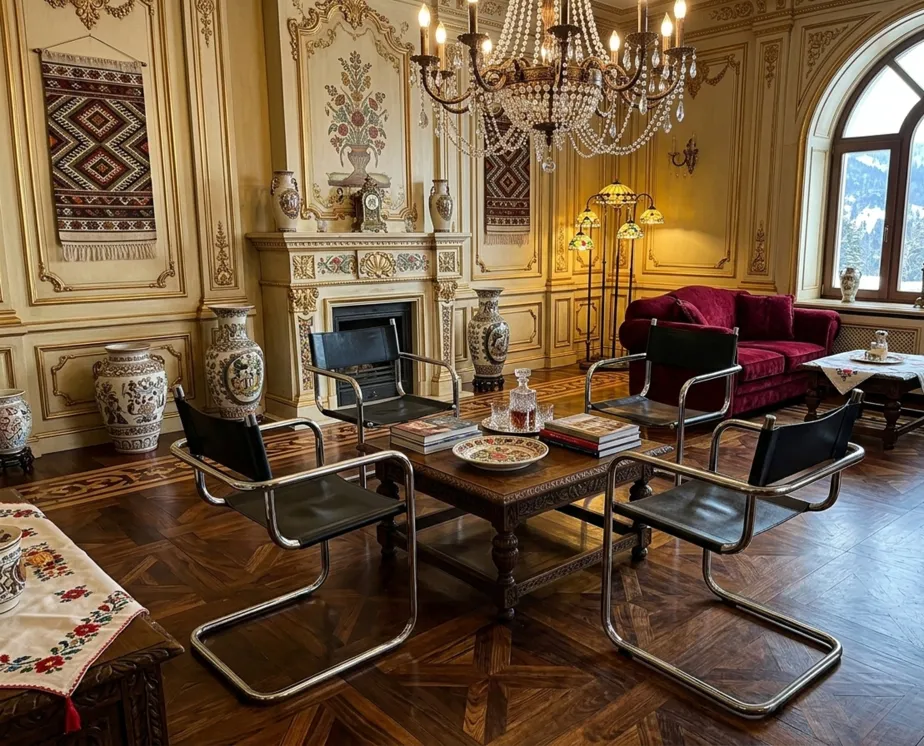 Quatre chaises anciennes dans une pièce élégante avec décorations