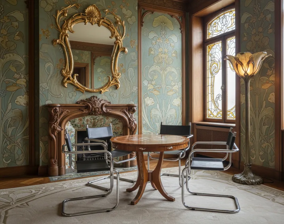 Quatro cadeiras antigas dispostas ao redor de uma mesa em um ambiente decorativo