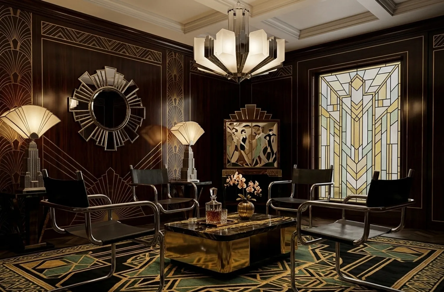 Quatro cadeiras antigas em um ambiente decorado com elementos de design.