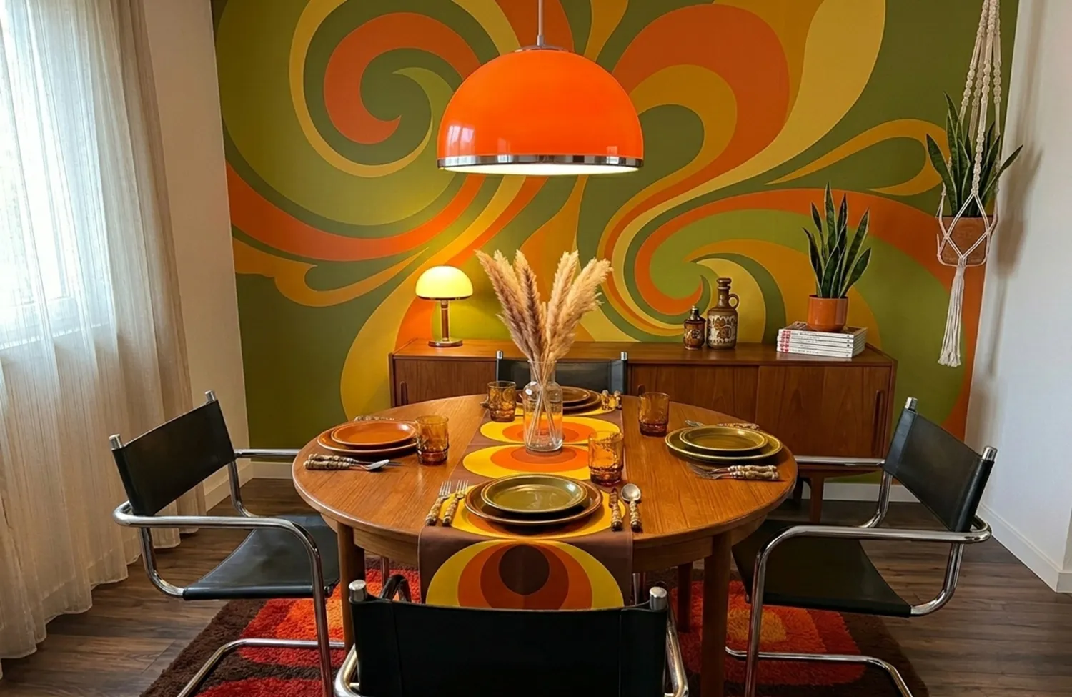 Four vintage chairs around a wooden table, decorated with plates and glasses in a cozy setting.