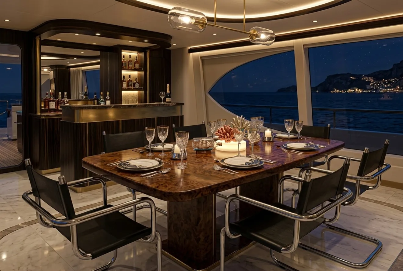 Quattro sedie antiche accanto a un tavolo in un ambiente elegante con vista sul mare.