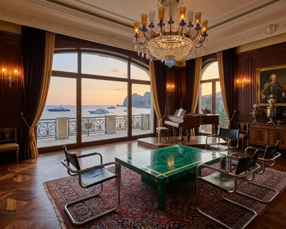 Quatre chaises anciennes dans un salon magnifiquement décoré avec un piano et vue sur la mer.
