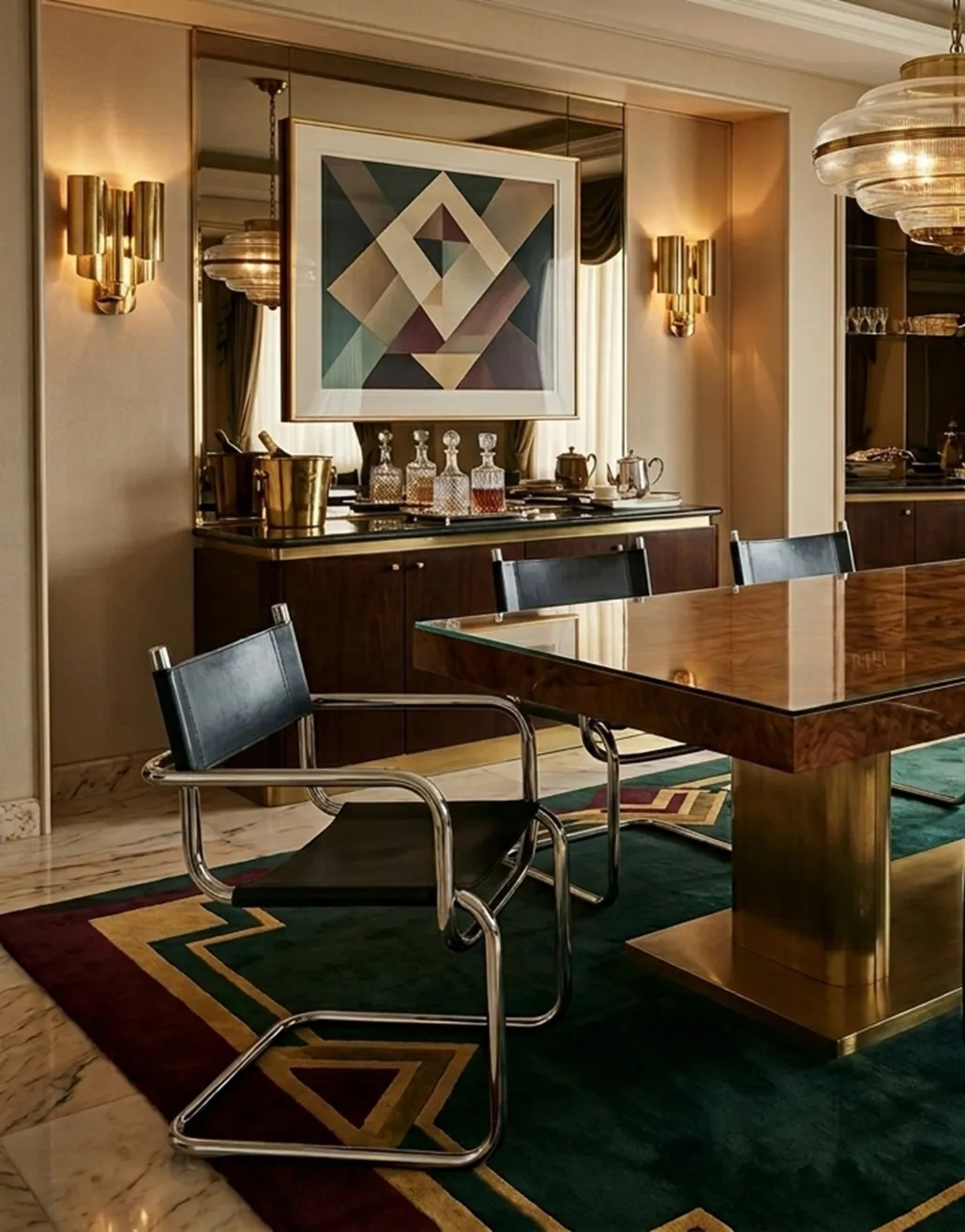 Quattro sedie antiche attorno a un elegante tavolo da pranzo, con decorazioni lussuose.