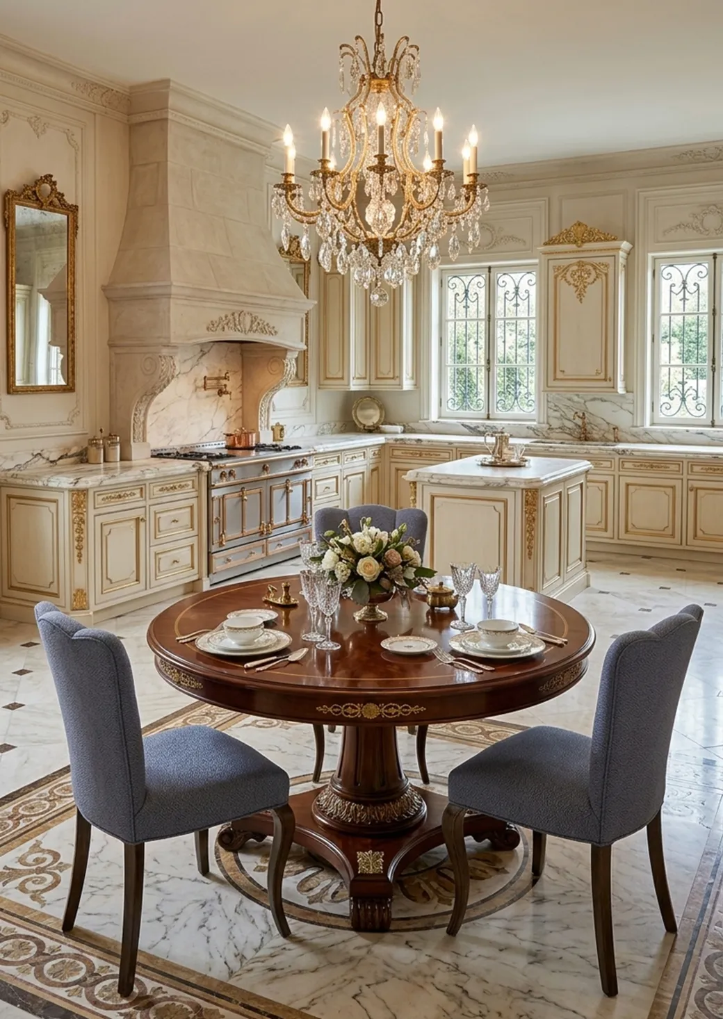 Drei antike Stühle in einem elegant dekorierten Esszimmer.