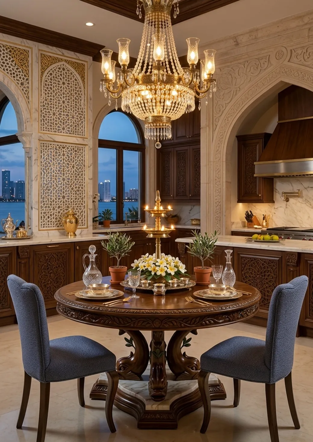 우아한 환경의 파란색 커버의 고전 의자 3개. 장식된 테이블.