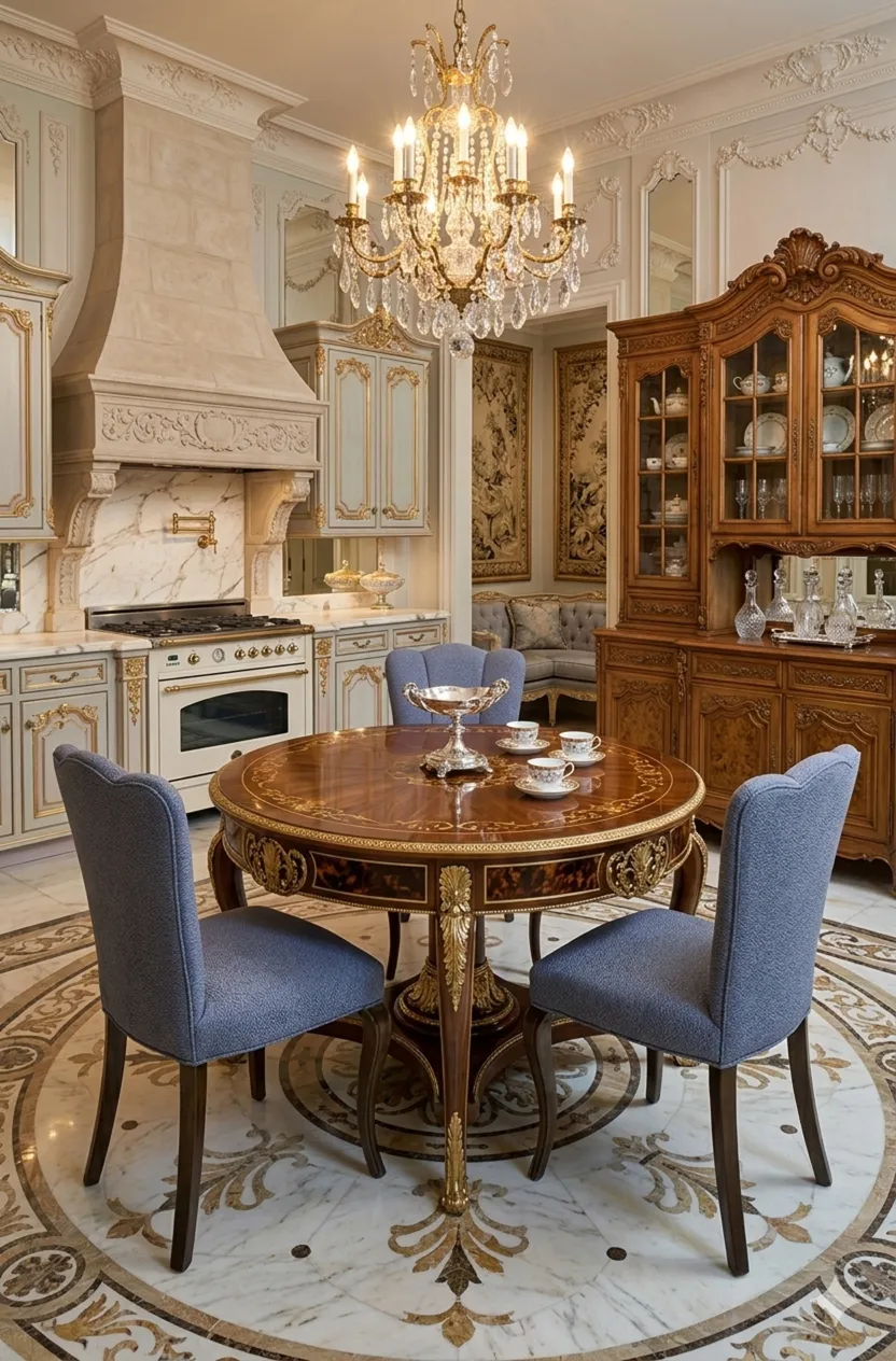 Trois chaises anciennes avec un design classique, placées autour d'une table ronde. Atmosphère élégante et accueillante.