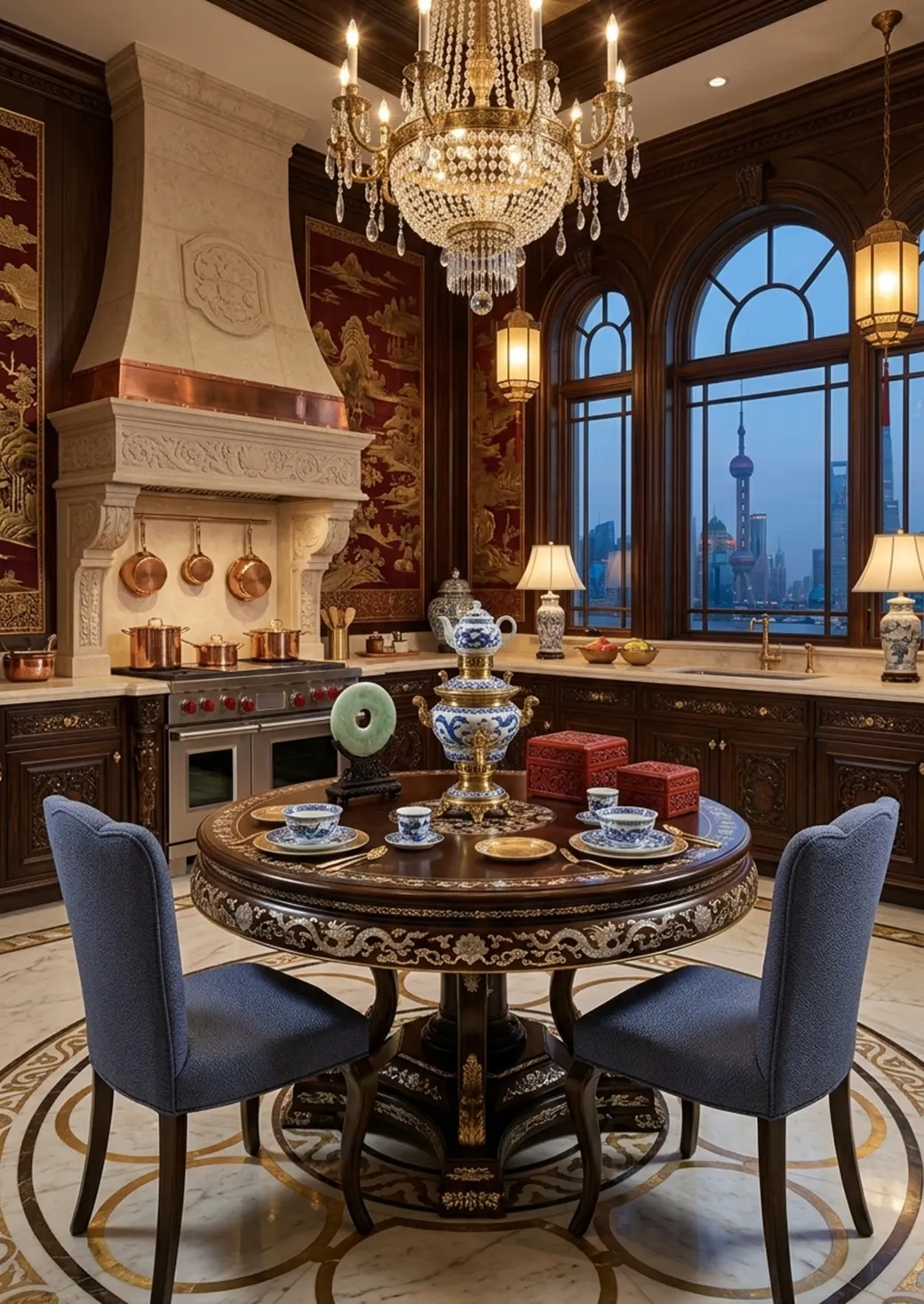 Three antique chairs to restore, surrounded by elegance in the kitchen.
