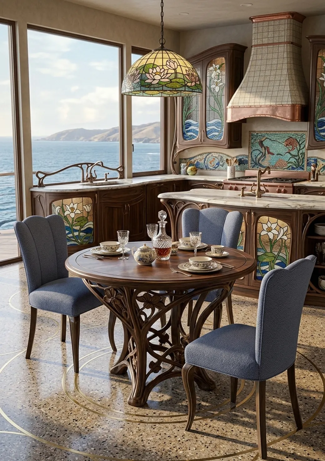 Three antique chairs with blue upholstery in an elegant kitchen by the sea.