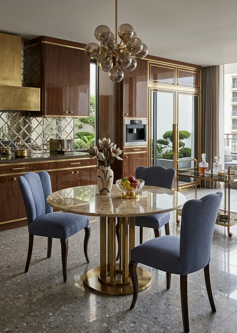 Três cadeiras antigas com design elegante em um ambiente moderno.