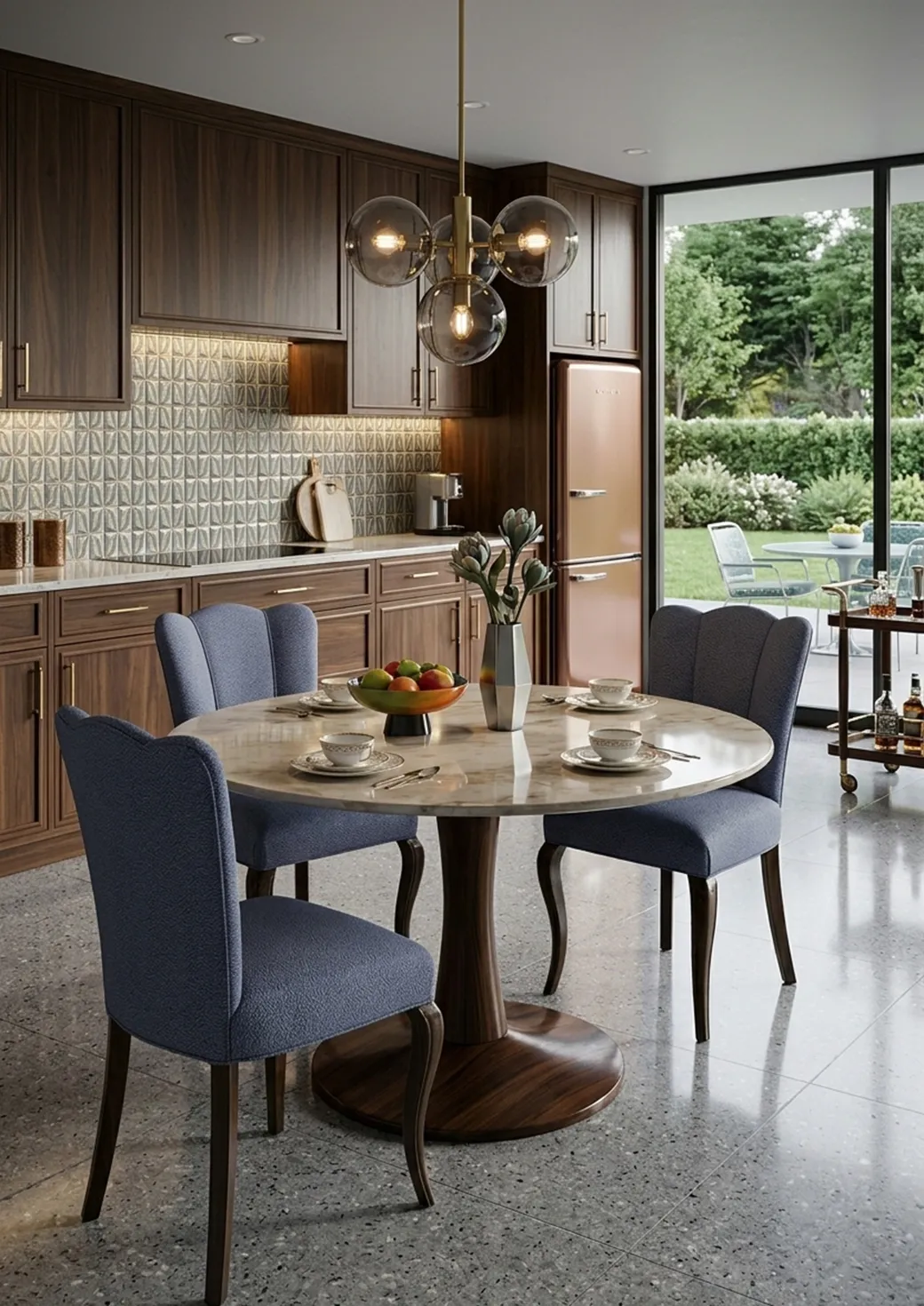 tre sedie antiche con design elegante attorno a un tavolo moderno