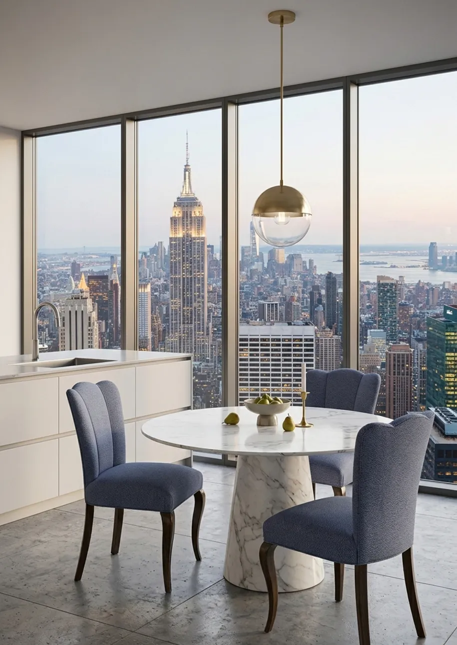 Three antique chairs with curved design and blue upholstery, surrounded by a modern setting