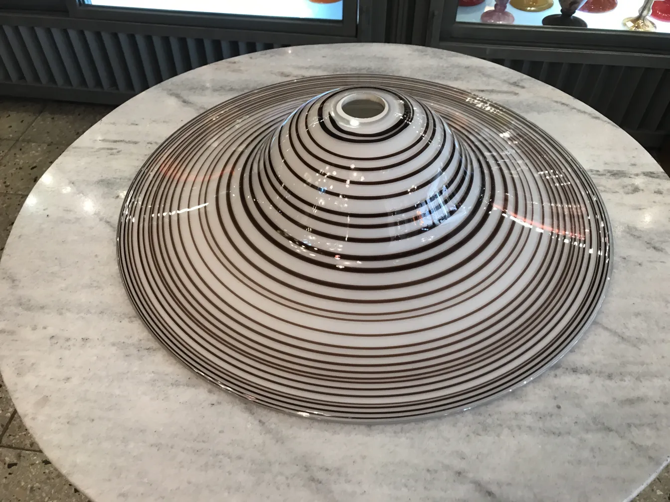 Lampada a sospensione antica con design striato in bianco e marrone, visibile in un ambiente di antiquariato.