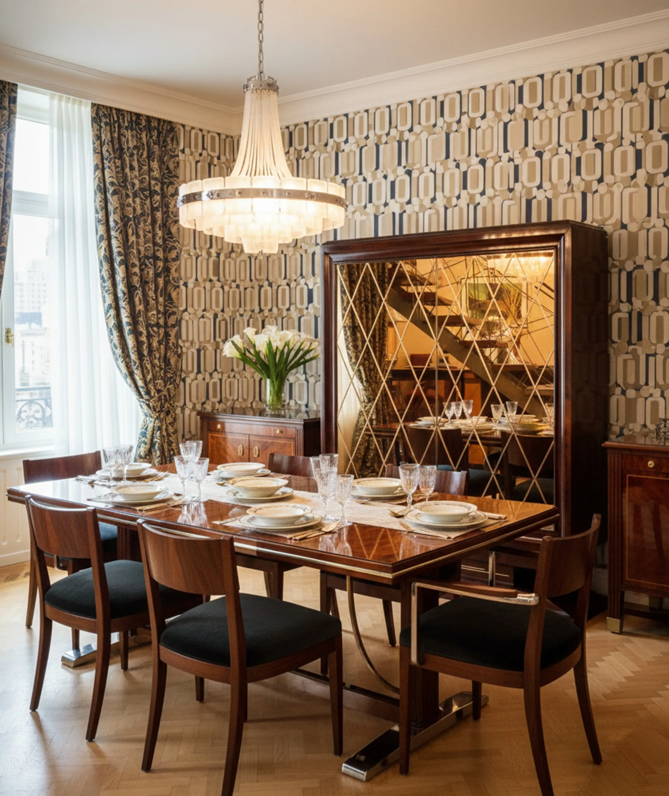 Móvel bar antigo com design elegante, decorado com cristais e flores na mesa