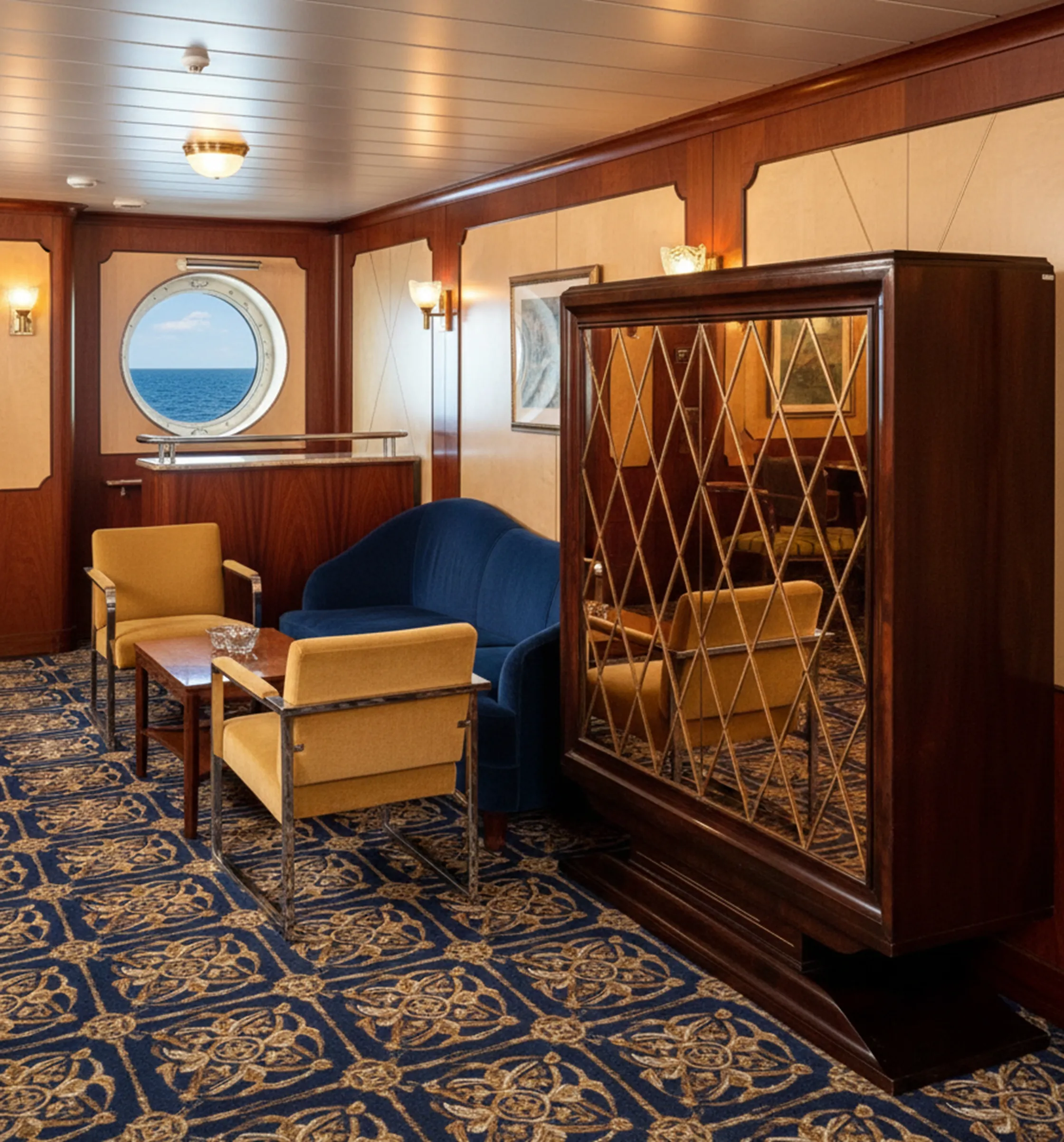 Mueble bar antiguo con espejo y asientos amarillos