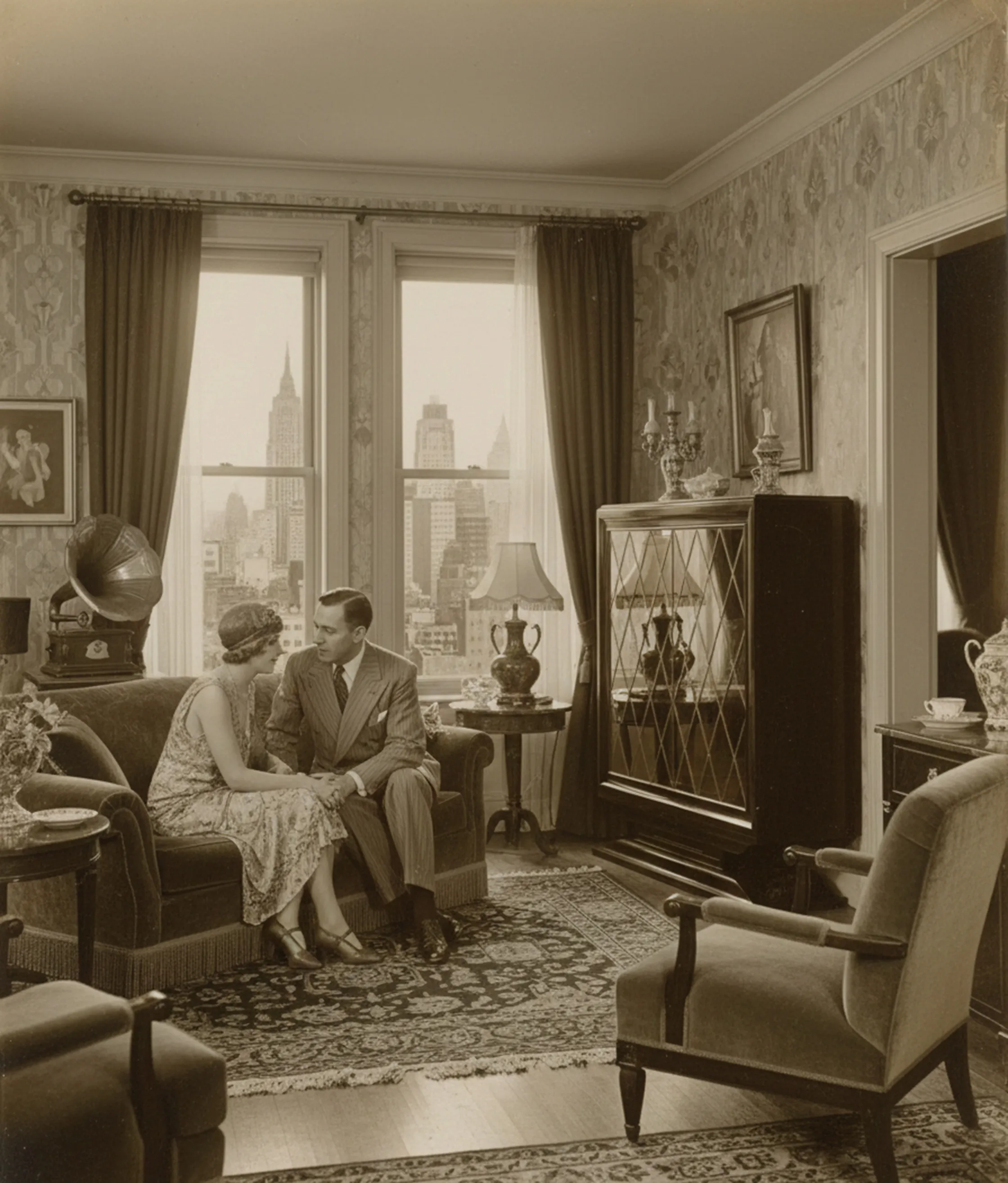 antiguo mueble bar decorado, con ventanales y ciudad al fondo