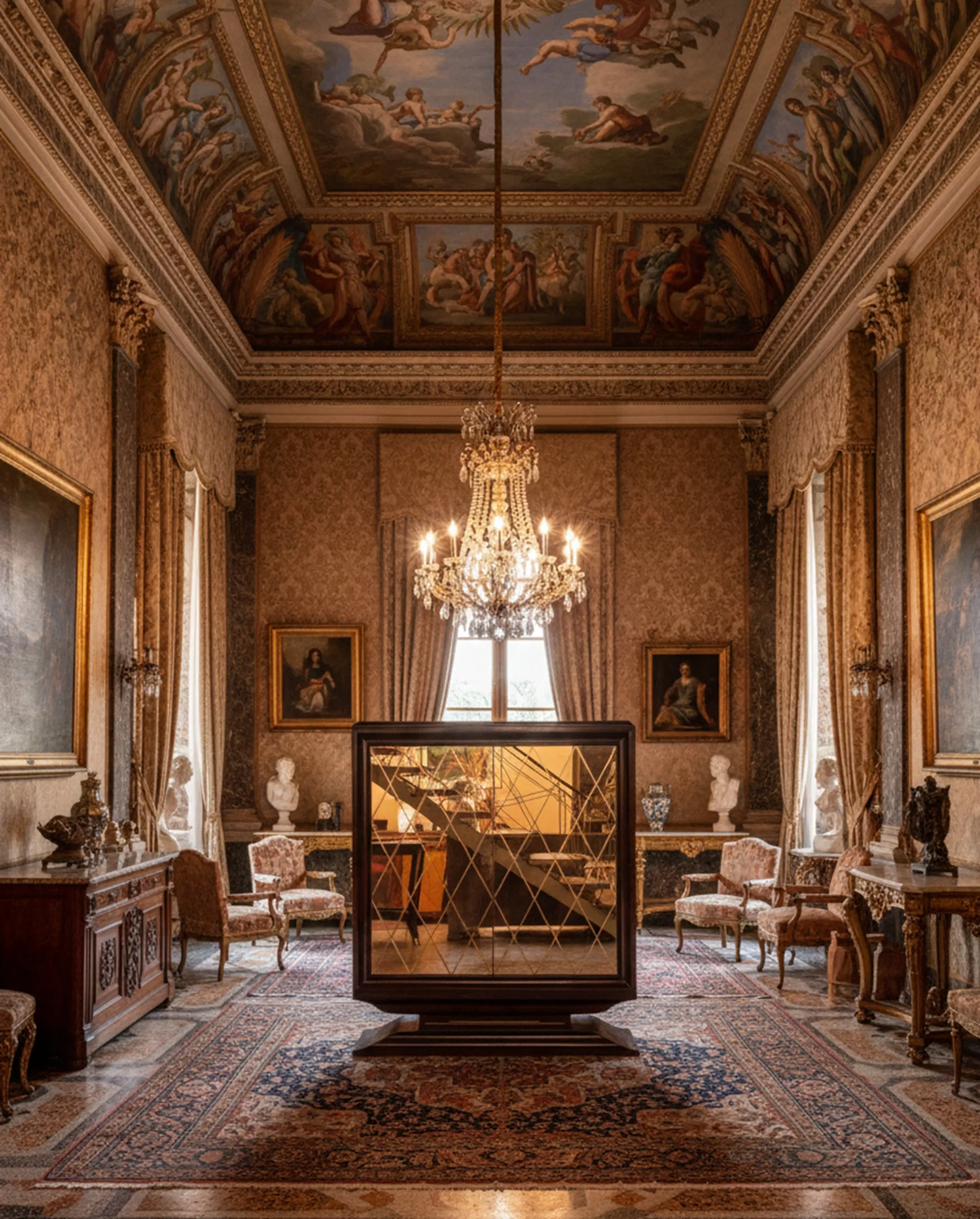 Meuble à cocktail ancien dans un salon opulent avec décoration classique.