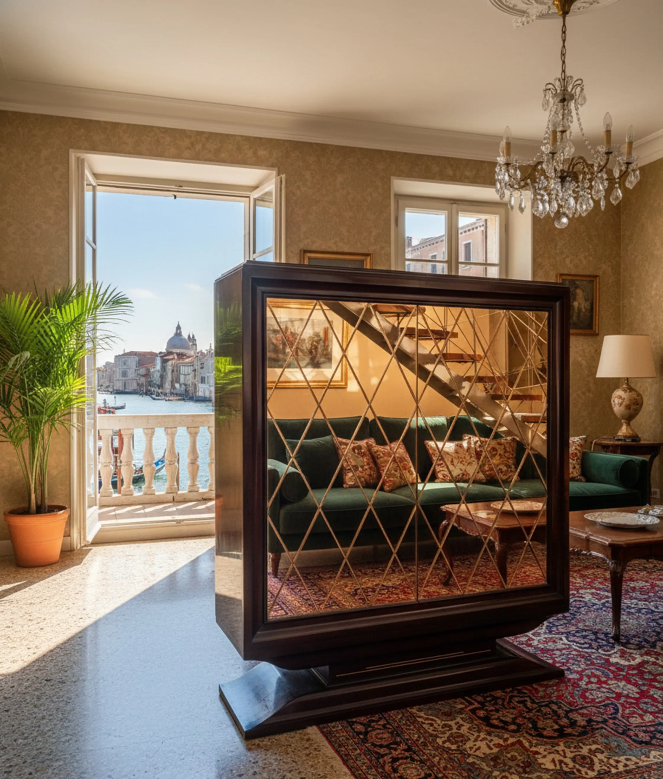 Mueble bar antiguo con espejo y detalle geométrico