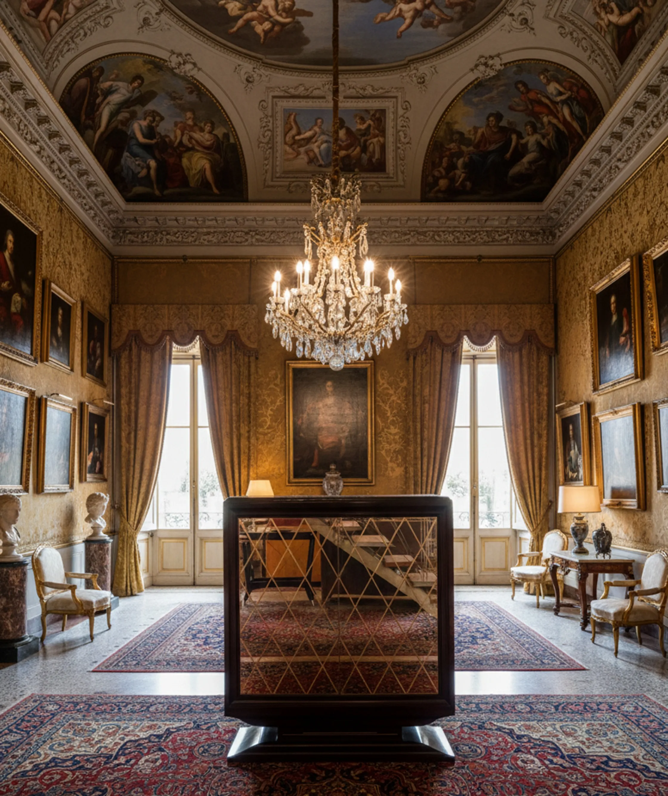 Bibliothèque ancienne dans un salon classique avec des tableaux et des lampes.