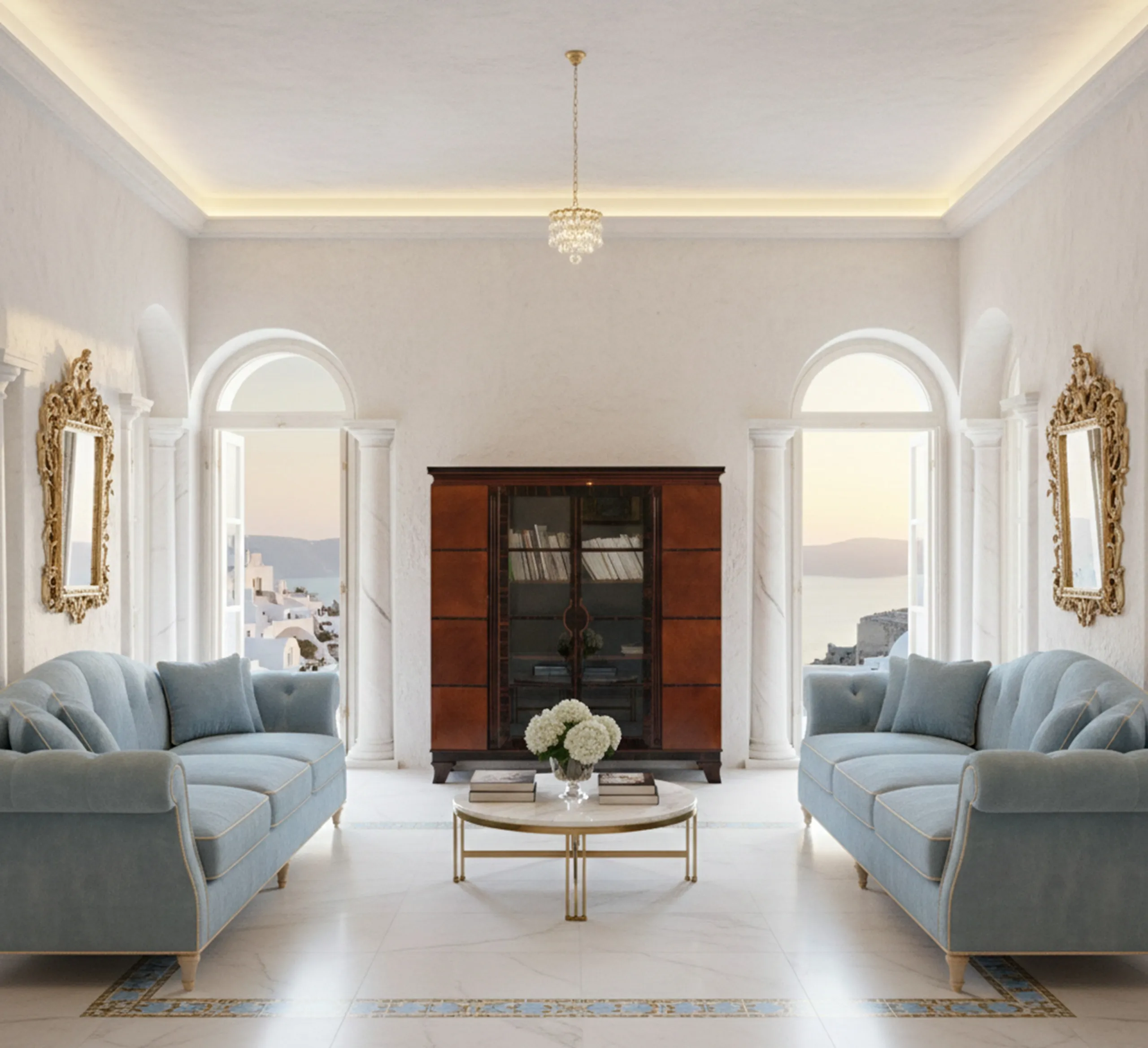 エレガントなリビングルームの古い本棚