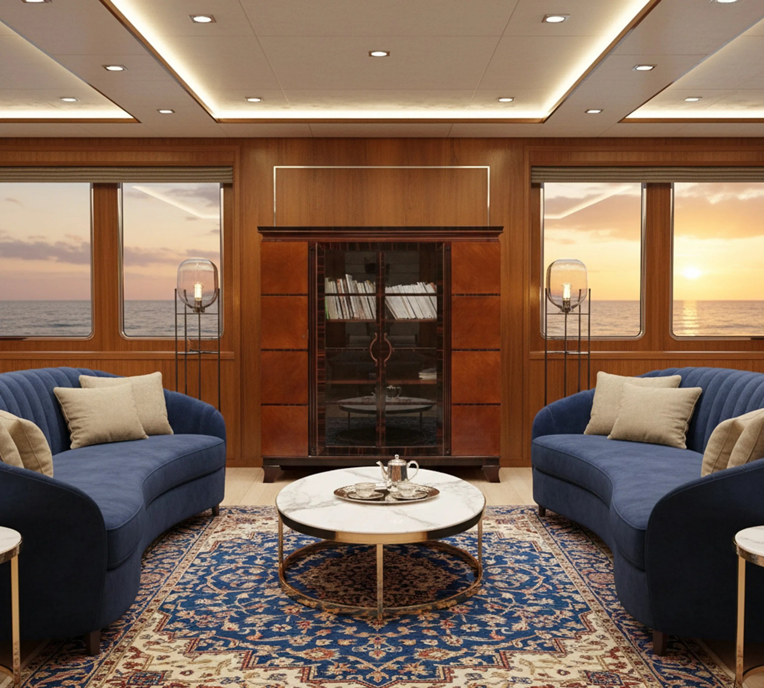 libreria antica con libri e vista sul mare