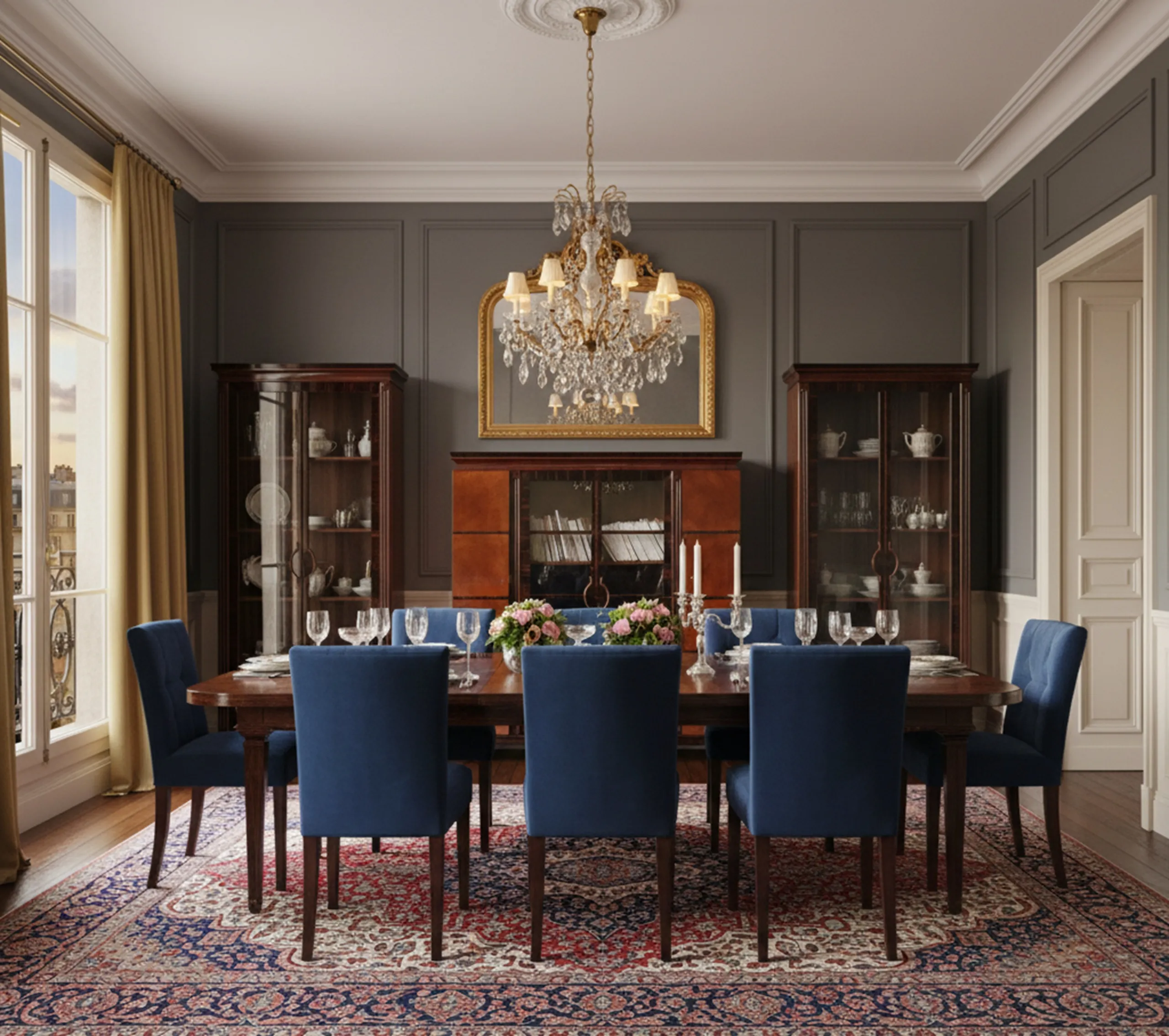 Antikes Bücherregal im klassischen Stil schmückt ein elegantes Esszimmer mit Blumen.