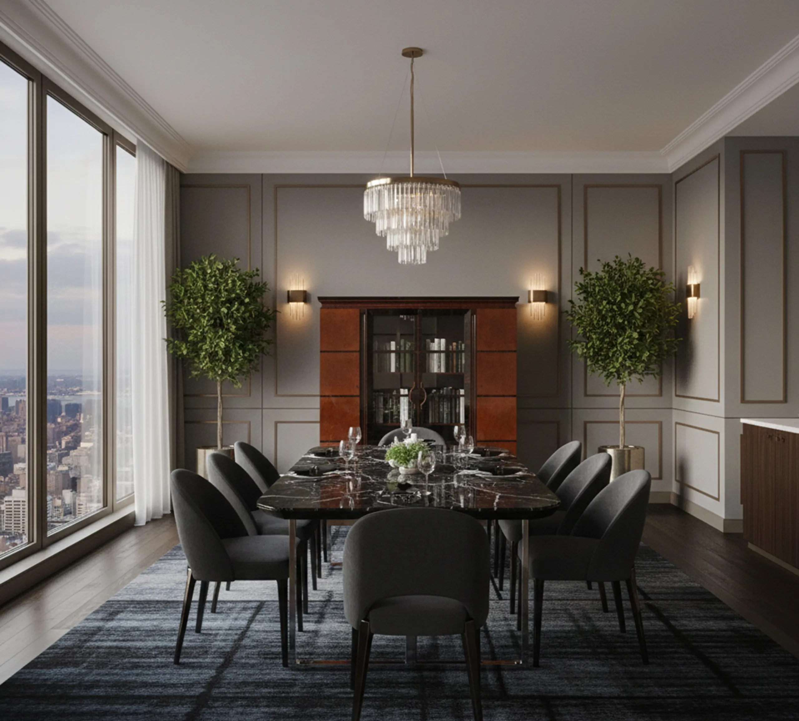 خزانة كتب قديمة أنيقة في غرفة طعام عصرية