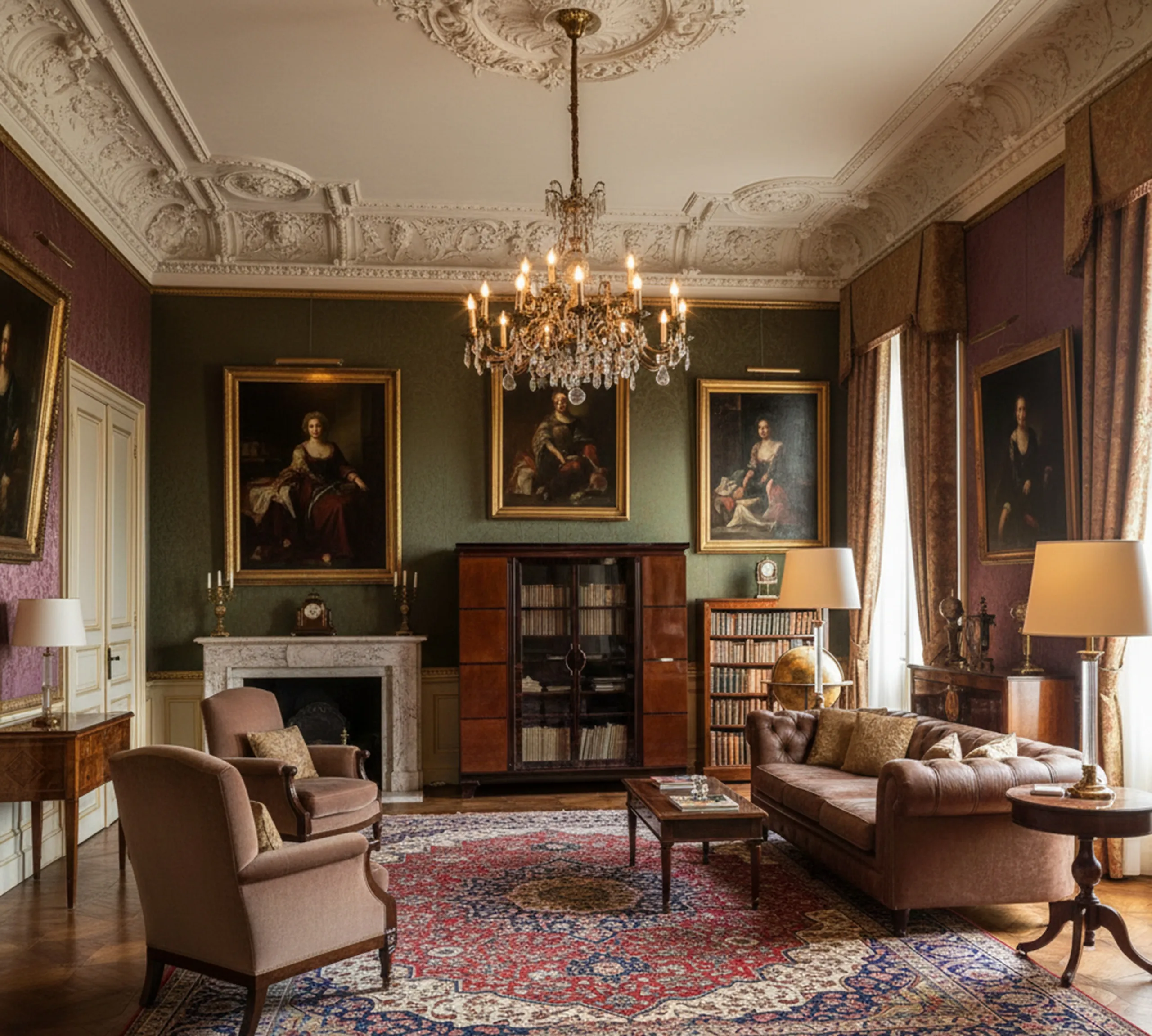 خزانة كتب قديمة مليئة بالكتب والفن الكلاسيكي