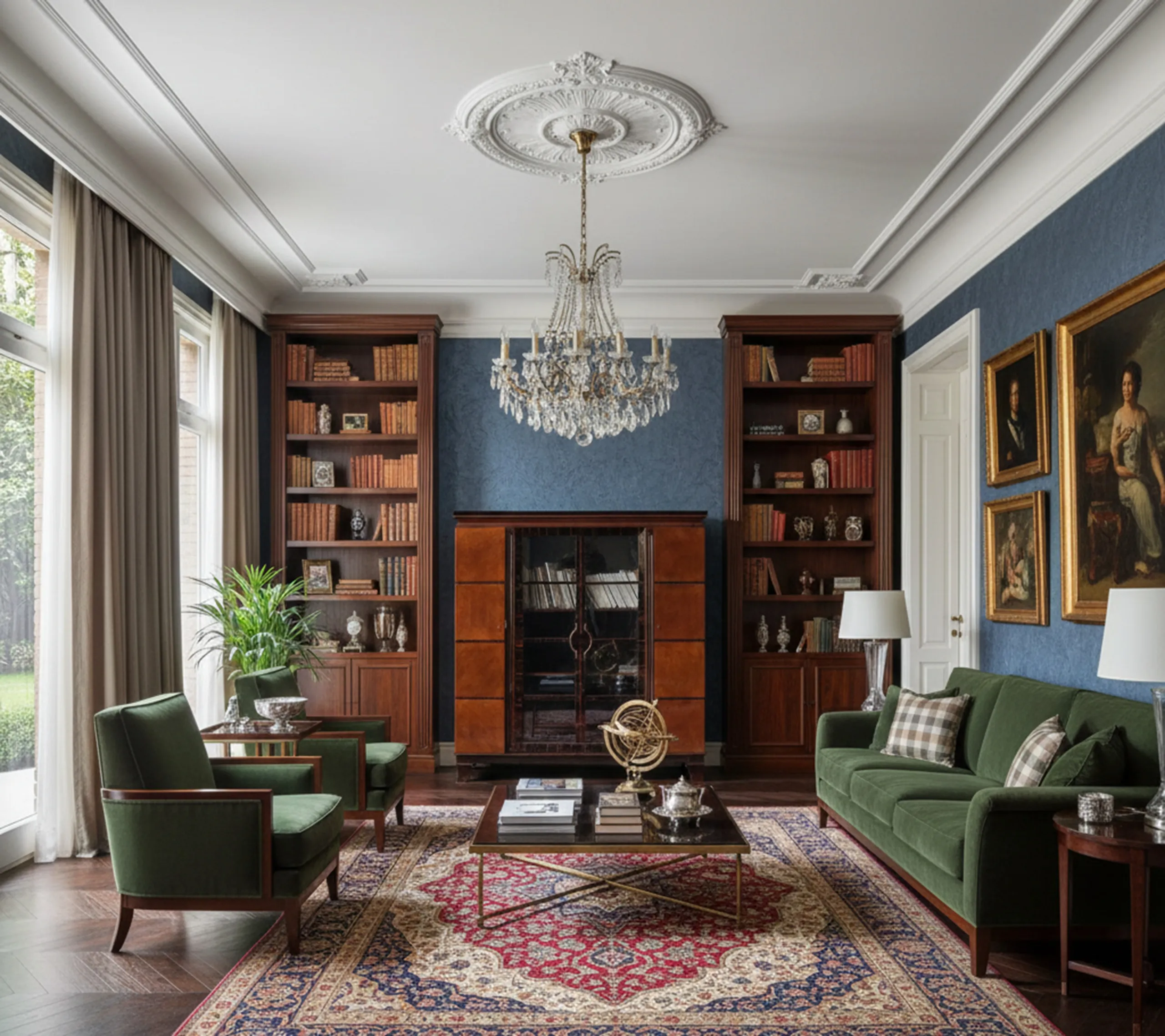 bibliothèque ancienne avec des livres, des plantes et une décoration élégante