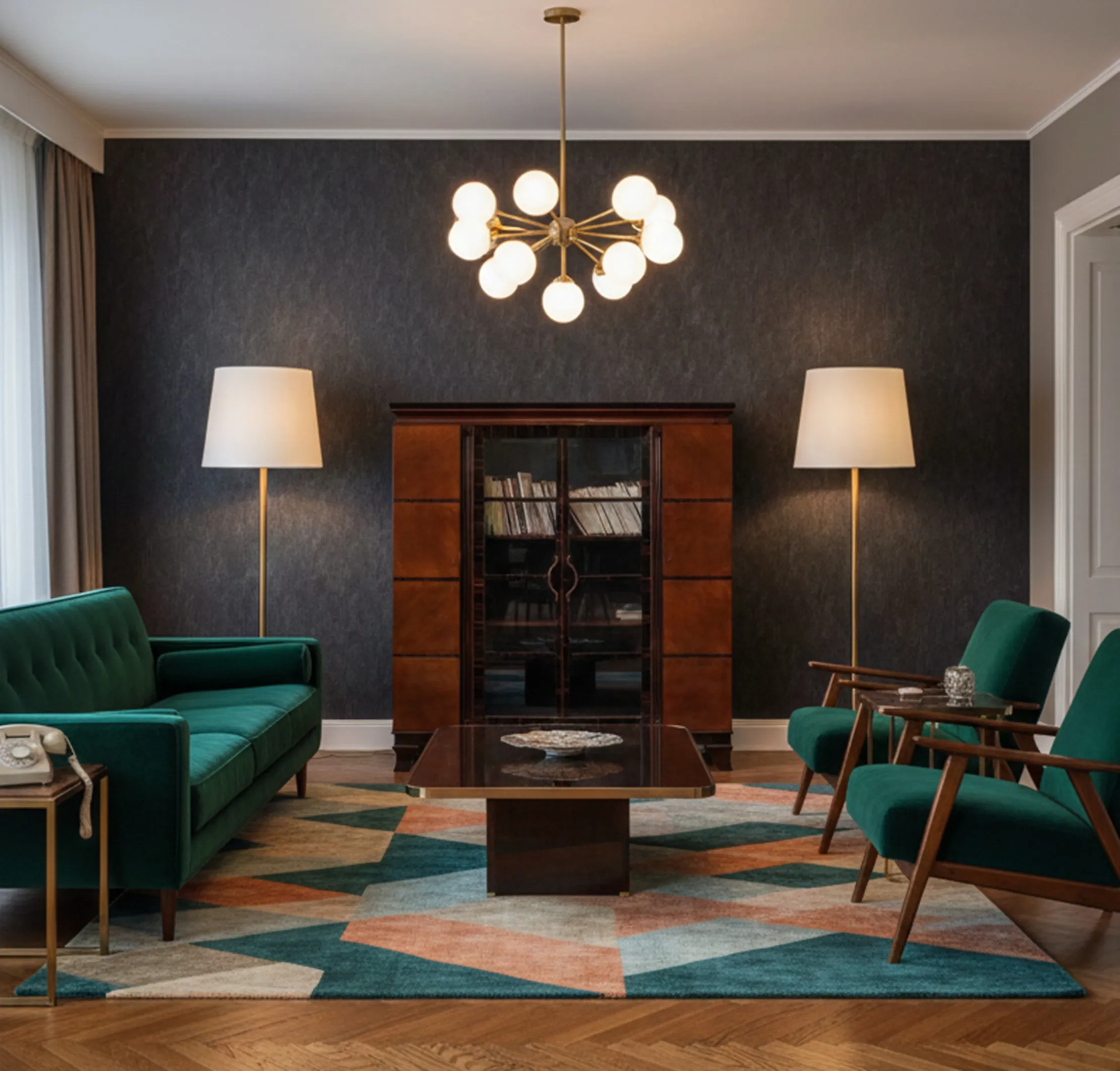 Antikes Bücherregal mit Büchern, eleganter Beleuchtung und Möbeln.