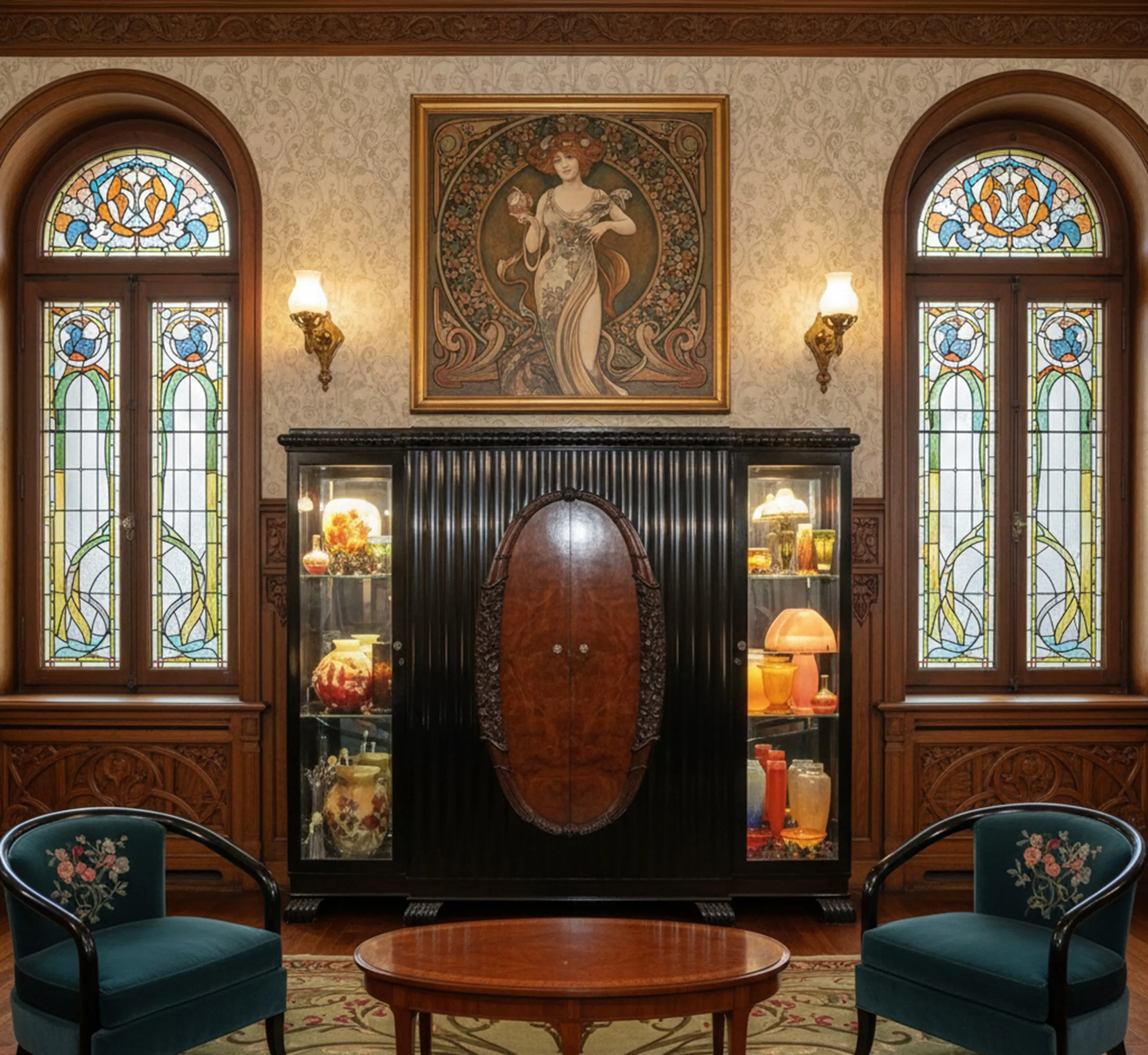 Elegant antique display cabinet with decorative items and soft lighting