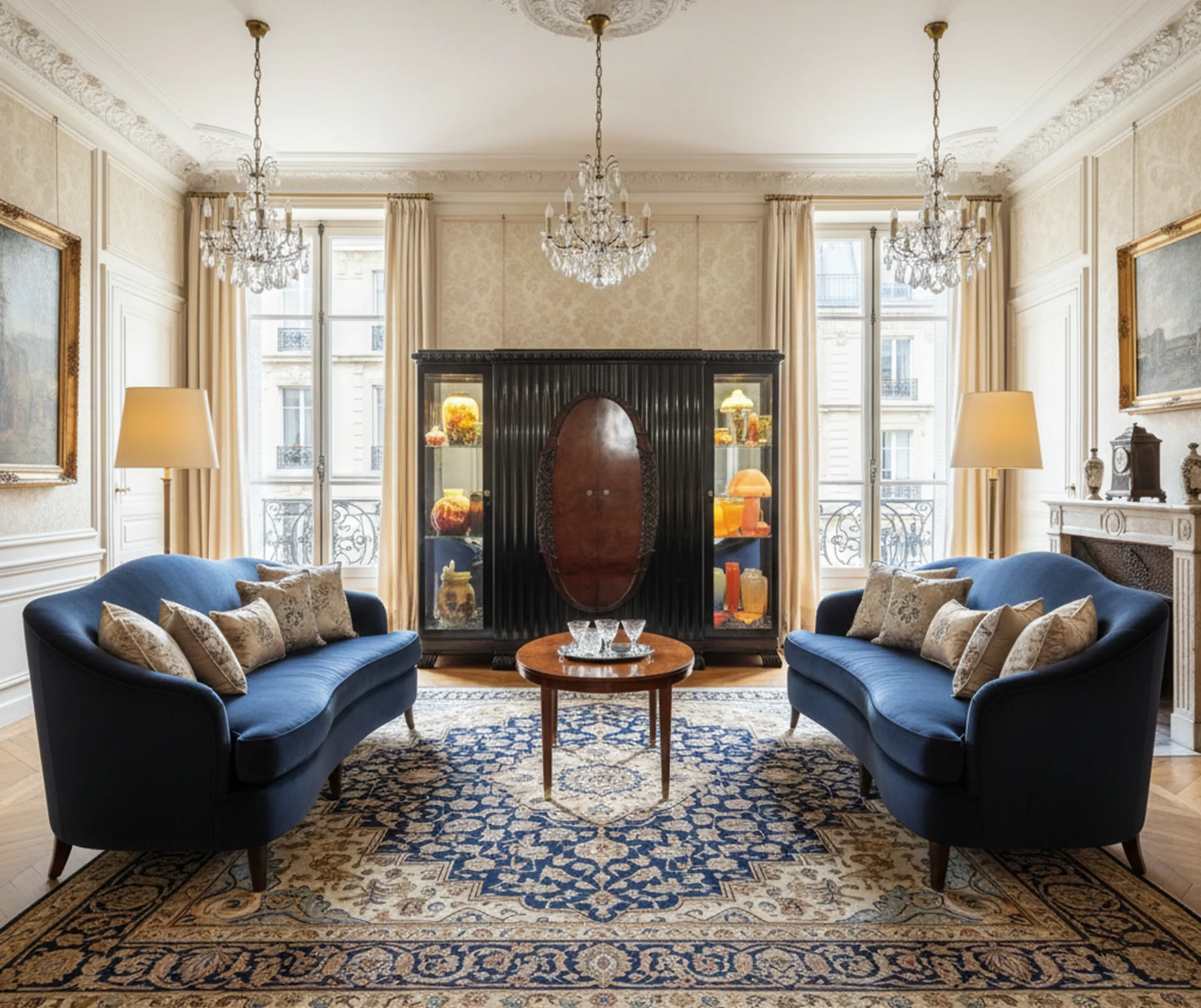 antike vitrine mit lampen und dekoration