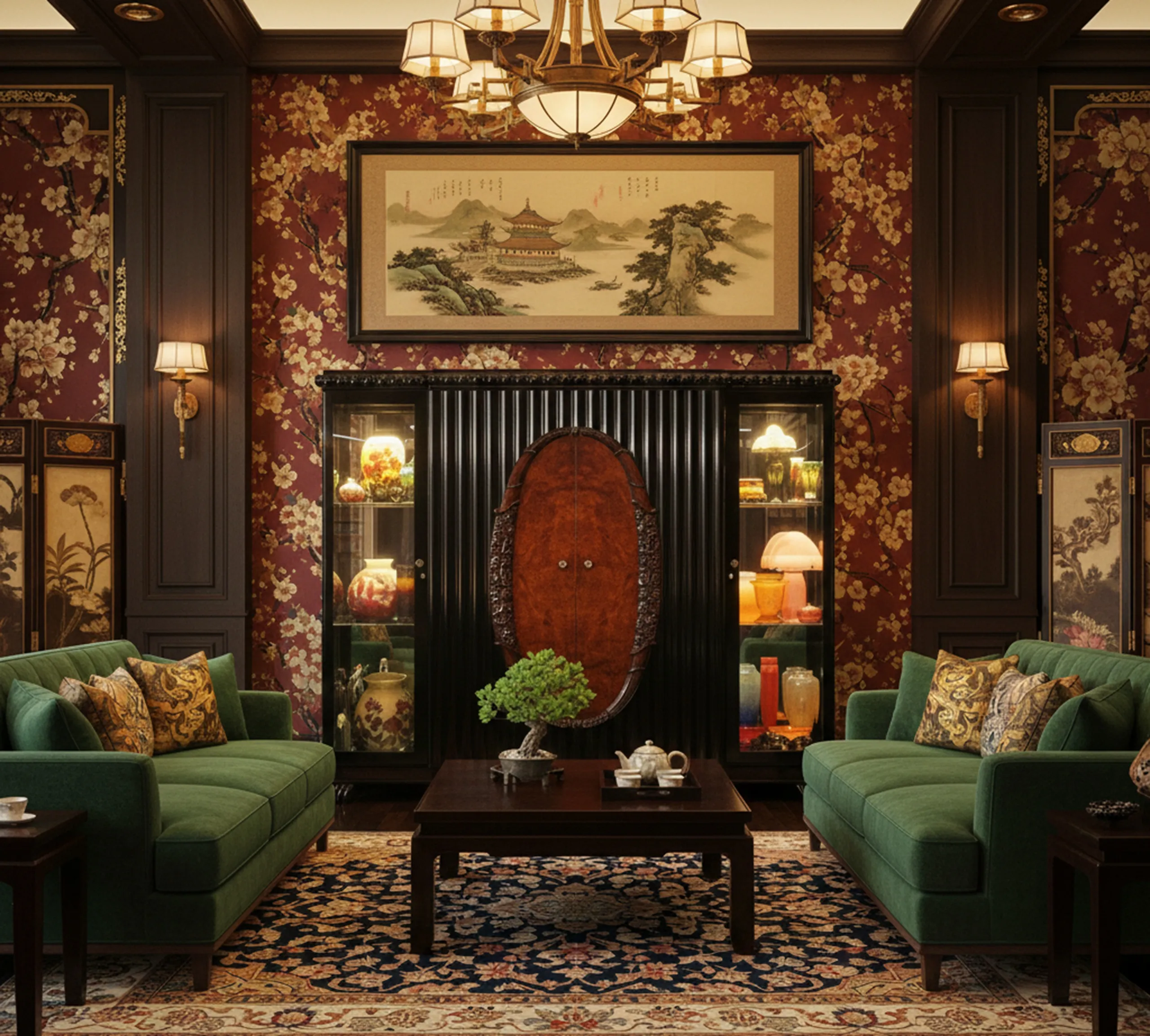 고전적인 진열장에 장식용 도자기와 램프가 전시되어 있습니다.